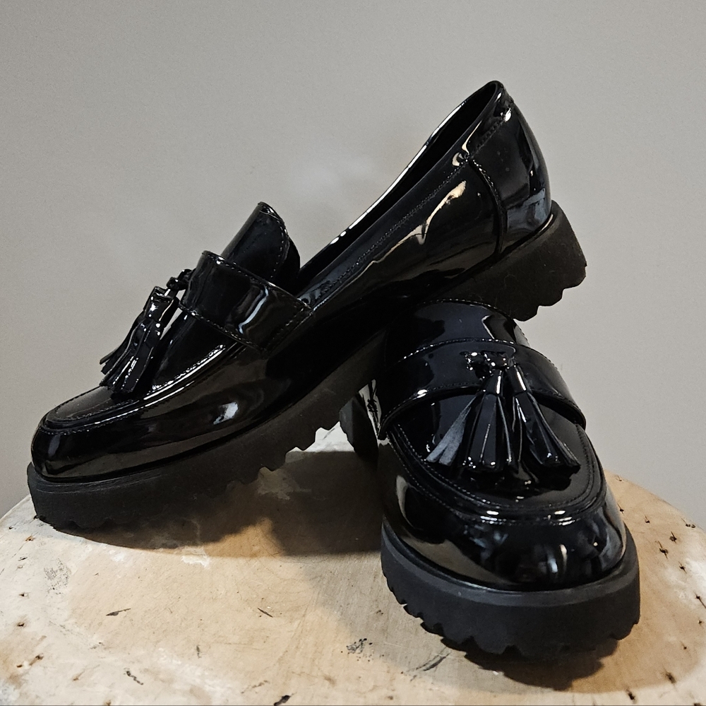 Jones New York Signature Priscilla Black Chunky Patent Tassel Loafers Sz 9